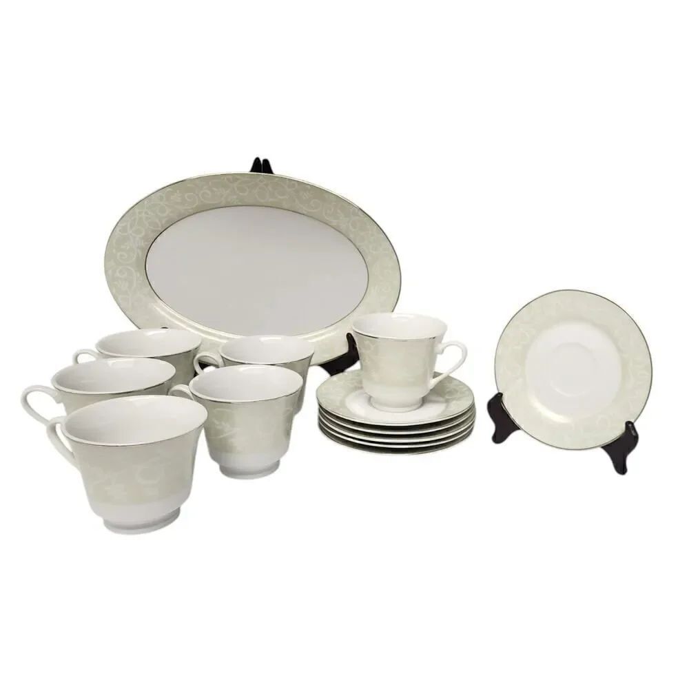 JCPenney Chris Madden Chambour Green White Silver Cup & Saucer/ Platter